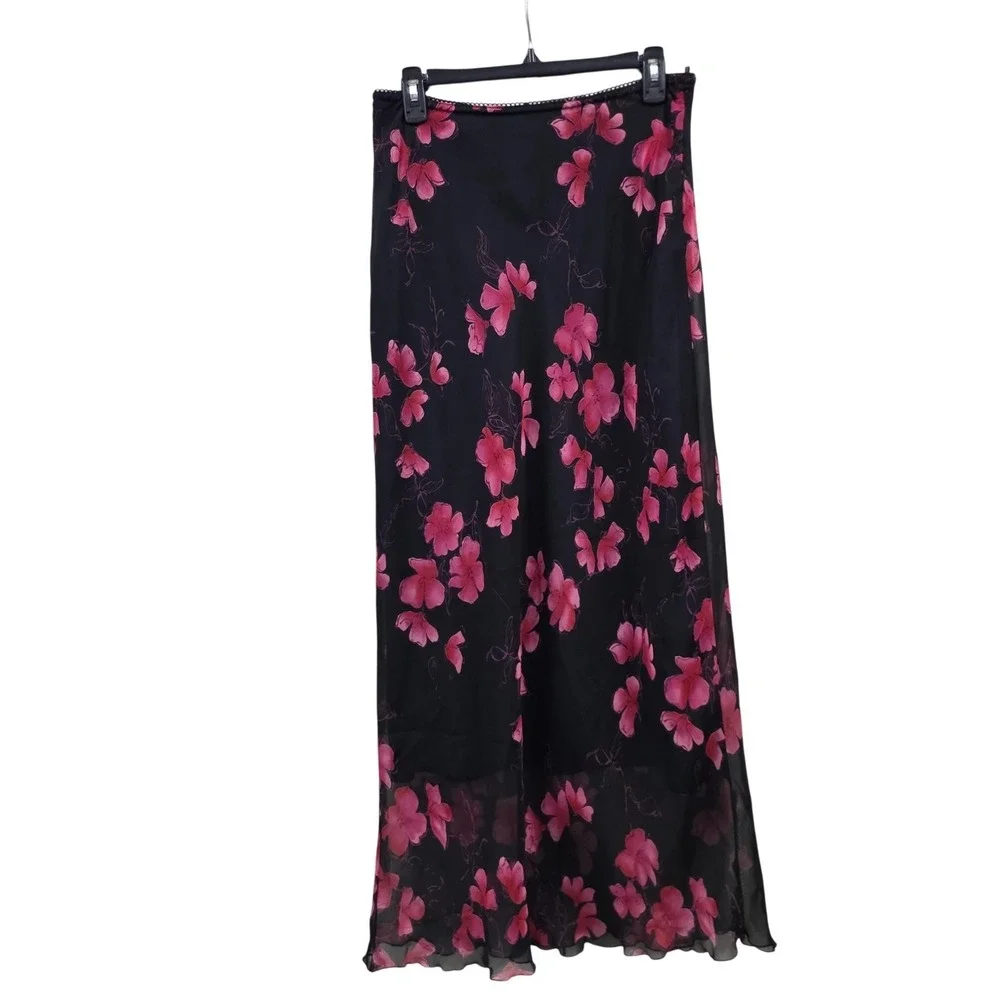 VTG Dark Romantic 90s Y2K Skirt M Black Floral Chiffon Maxi A-Line Whimsigoth